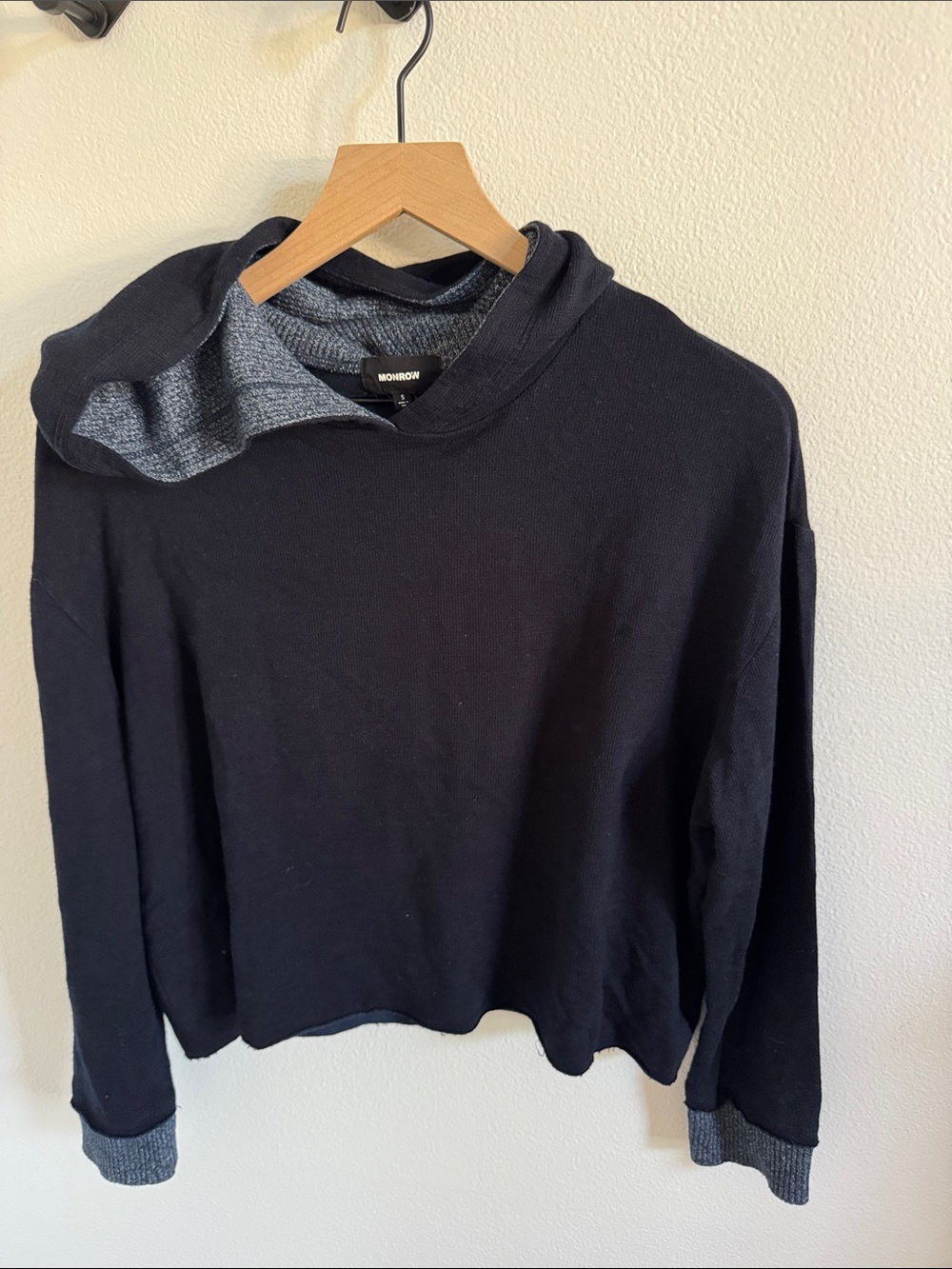 Monrow Navy Hooded Sweater with Marled Lining and Cuffs